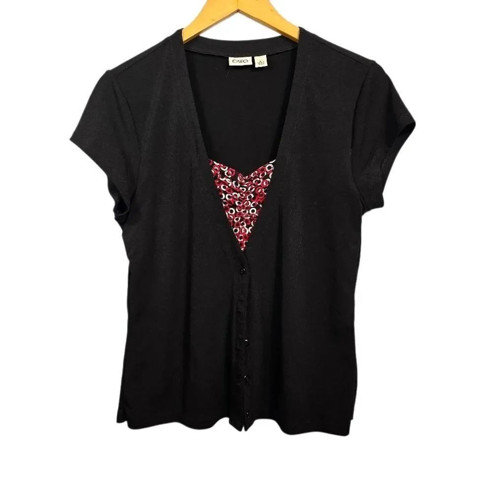 Cato Black Button-Down Shirt with Patterned Red Detail Size L